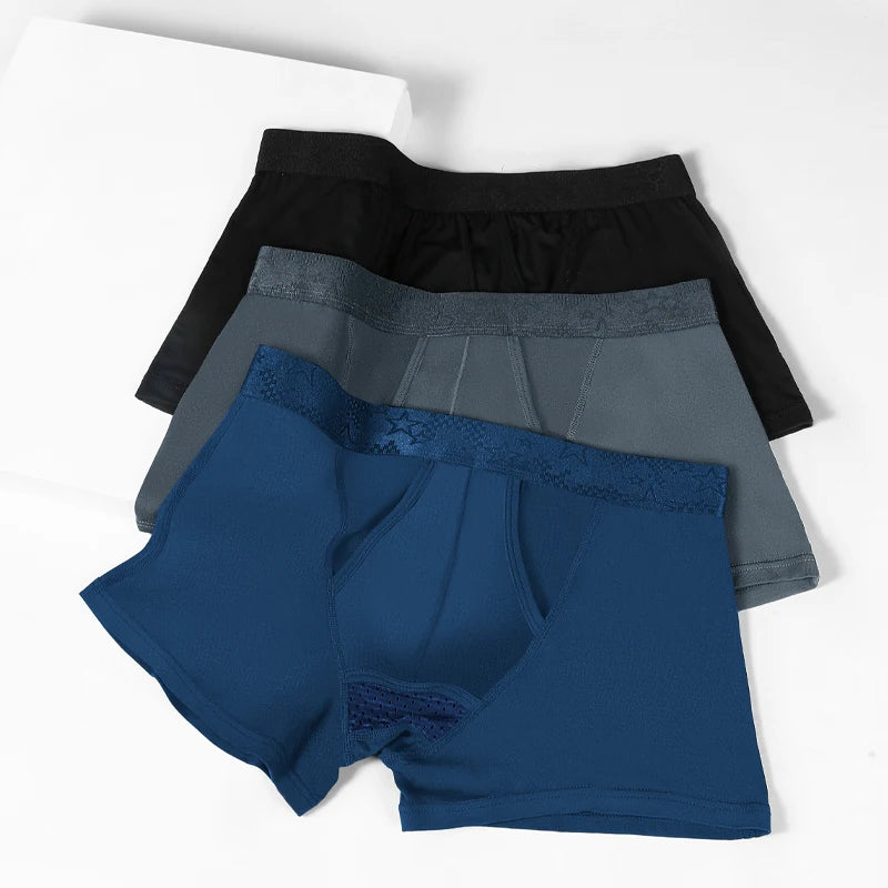 5PC Gun-bullet split underpants, men's ice silk scrotal support, men's flat-angle underpants, thin, breathable, four-corner tro